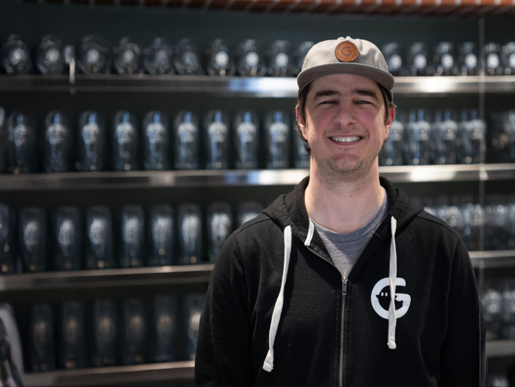 Beverage and leadership image with headshot